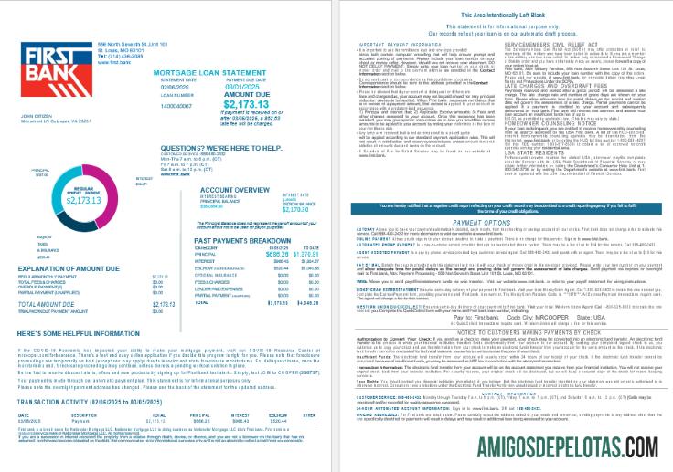 Extrato de empréstimo hipotecário do USA Bay First Bank em formatos Word e PDF, 4 páginas 1 2 exemplo